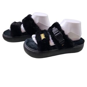 Puma Black Fuzzy Slide Sandals with Buckle Velcro Chunky Streetwear Size 8